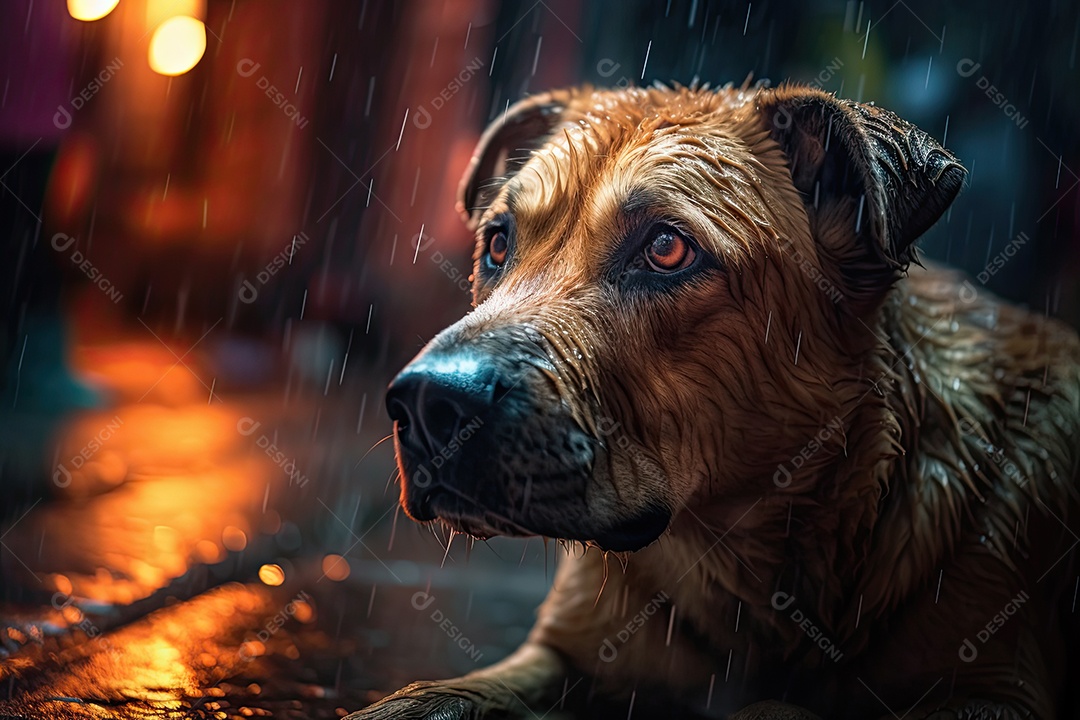 Cachorro de rua no meio da chuva com olhar triste