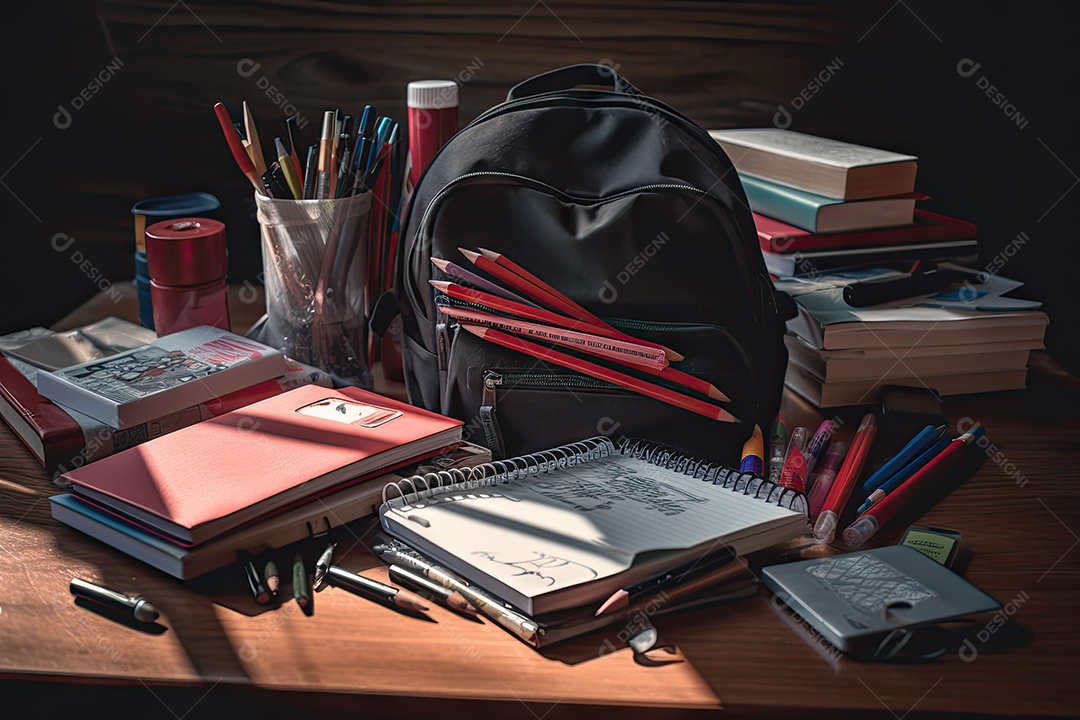 Foto com vários itens de material escolar