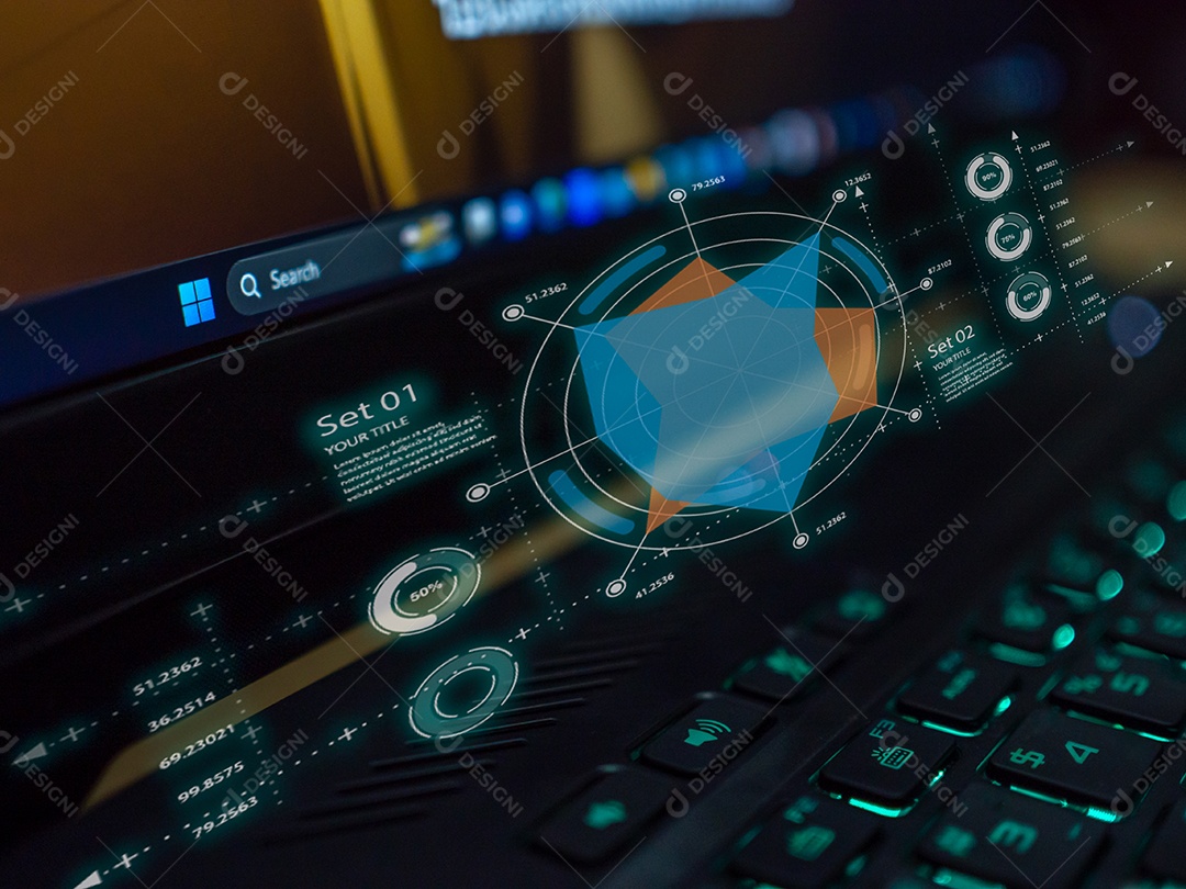 Foto de close-up de um computador com ícones Gráfico de negócios brilhante. Conceito de negócios, finanças, investimento.