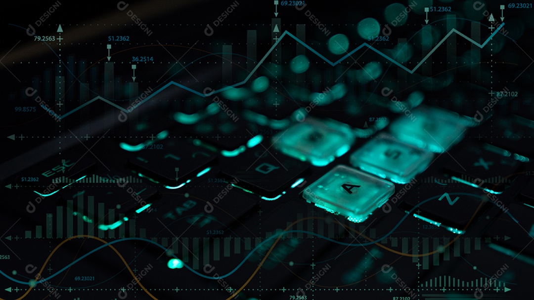 Close-up de teclado com ícones de negócios brilhantes. Conceito de negócios, finanças, investimento.