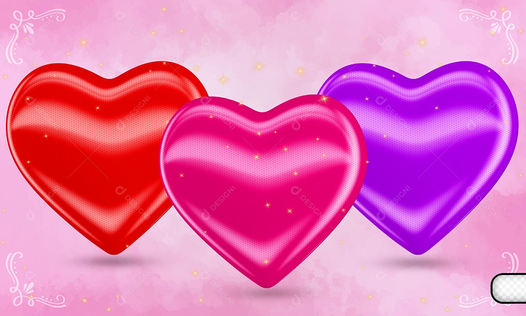 Elemento 3D 3 Corações Vermelho Rosa Roxo PSD