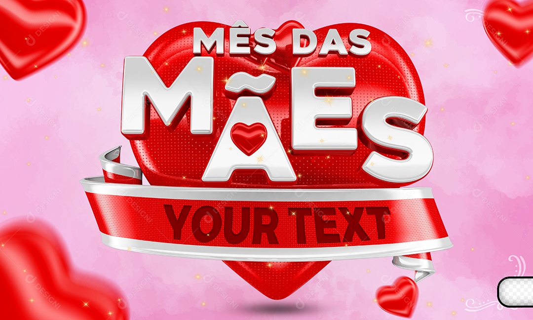 Selo 3D Mês Das Mães Coração Vermelho Texto Para Composição PSD