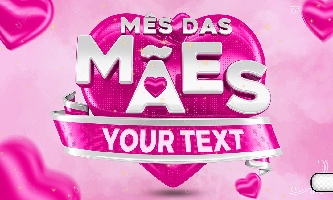 Selo 3D Mês Das Mães Coração Rosa Texto Para Composição PSD