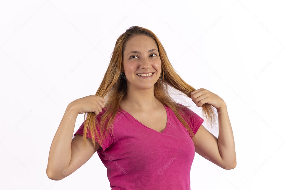 Linda mulher jovem garota sobre fundo isolado branco