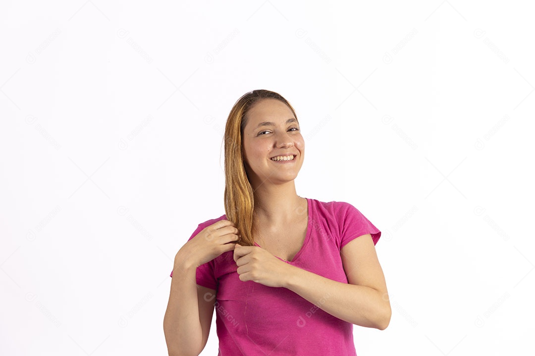 Linda mulher jovem garota sobre fundo isolado branco