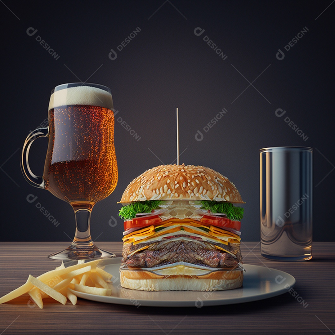 Delícioso hambúrguer com batata frita de acompanhamento sobre mesa de madeira