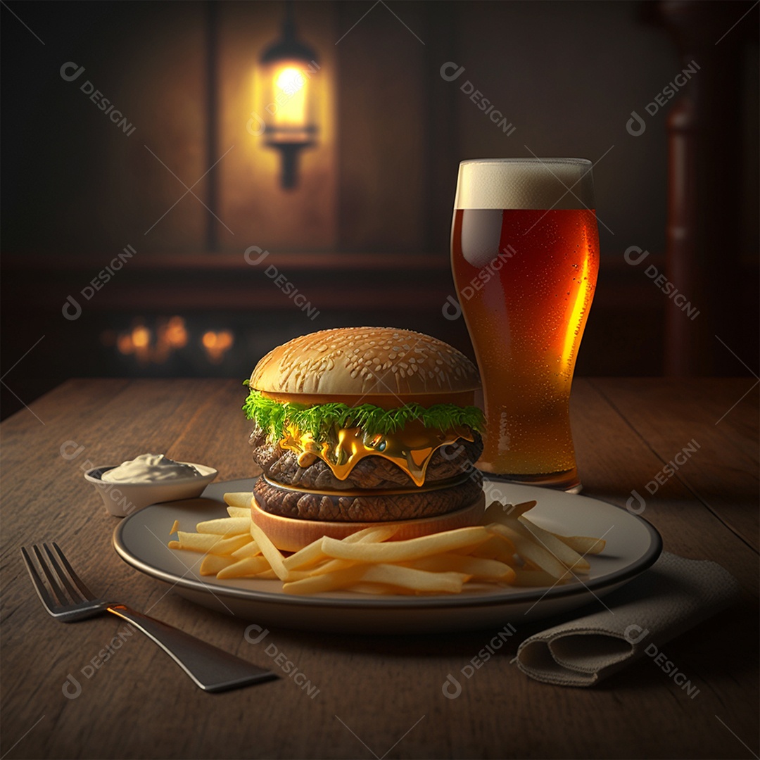 Delícioso hambúrguer com batata frita de acompanhamento sobre fundo isolado