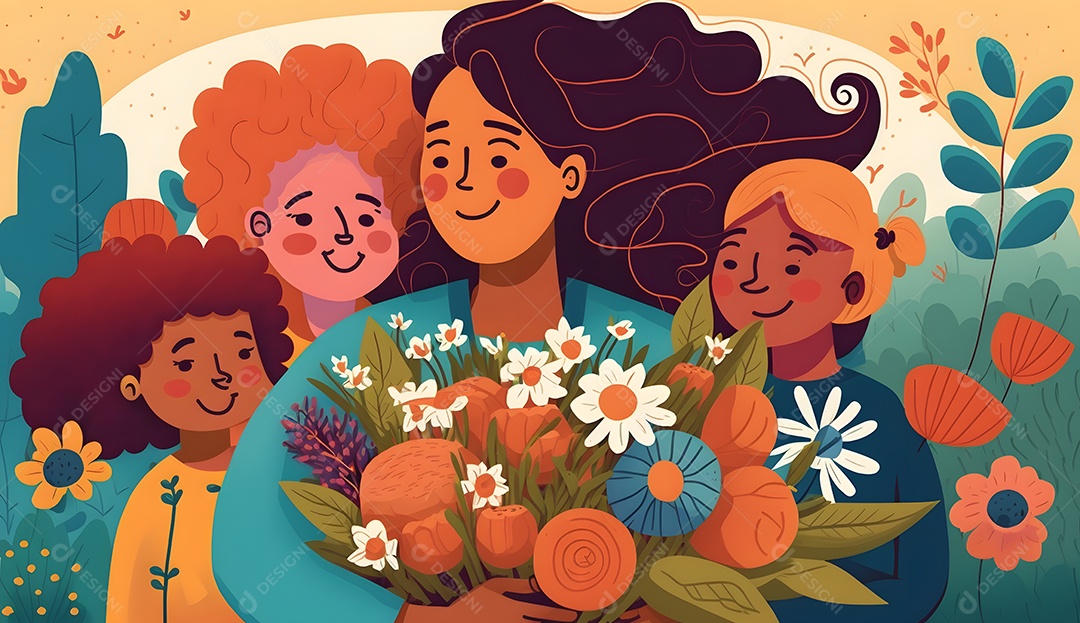 Desenho de mãe com seus filhos sorridentes