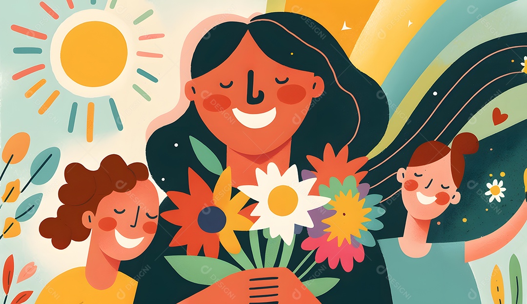 Desenho de mãe com seus filhos sorridentes