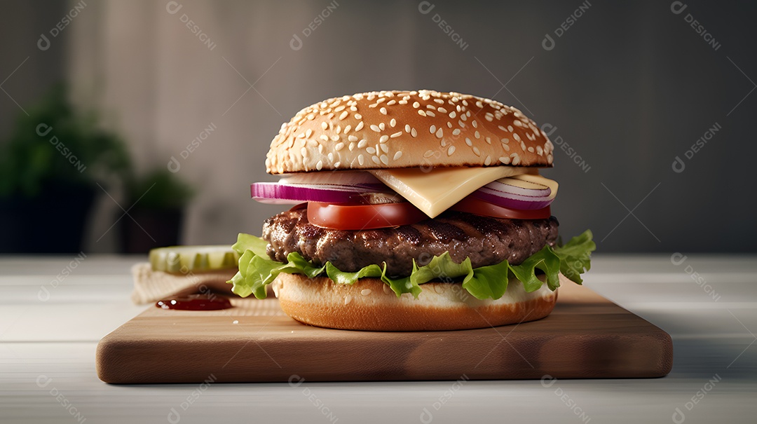 Saboroso hambúrguer caseiro na mesa de madeira