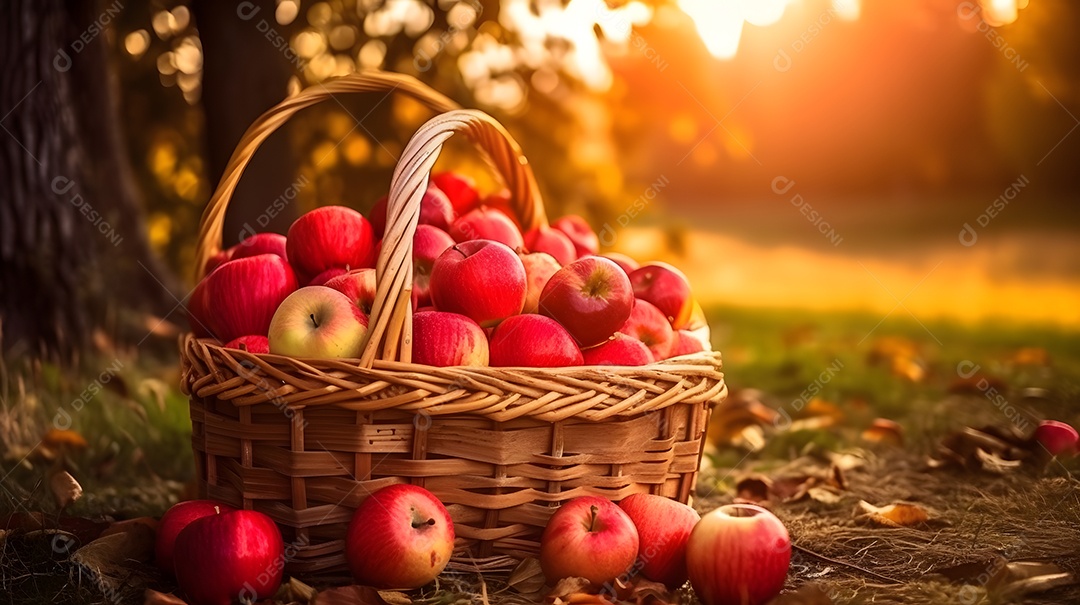 Maçãs sobre uma cesta mesa madeira