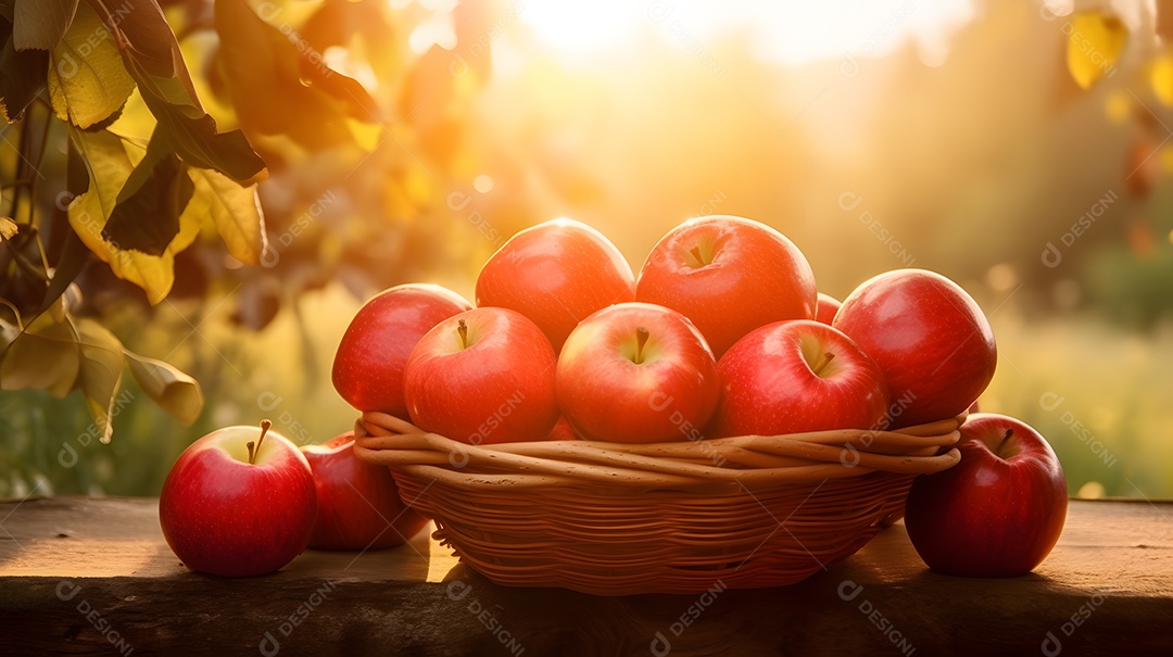 Maçãs sobre uma cesta mesa madeira