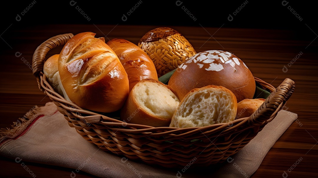 Pães sobre uma cesta de padaria