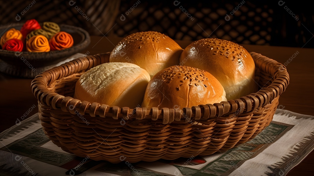 Pães sobre uma cesta de padaria