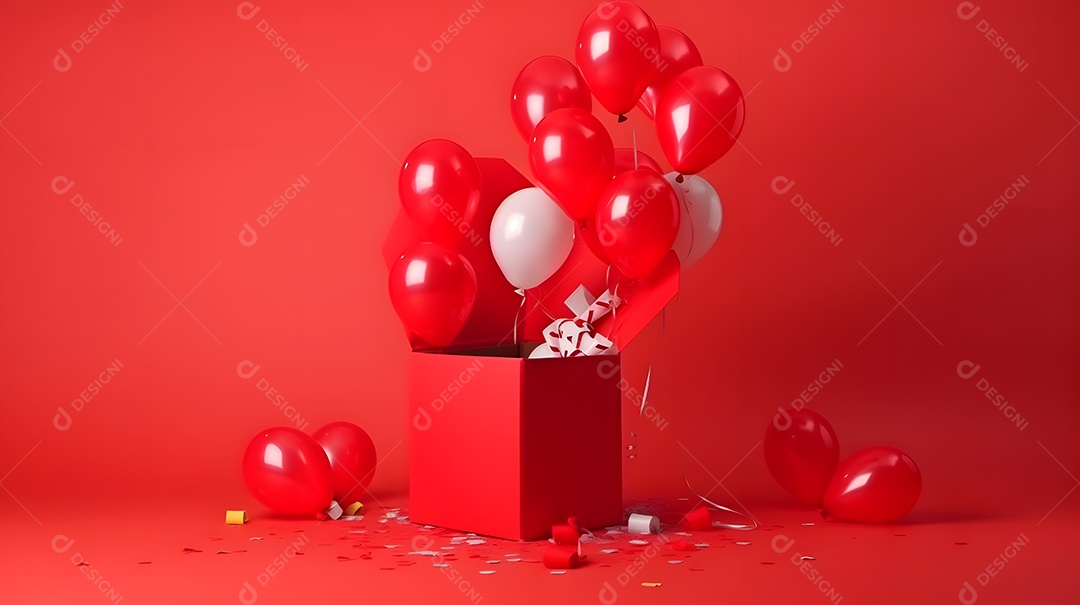 Caixa de presente com balões sobre fundo isolado vermelho