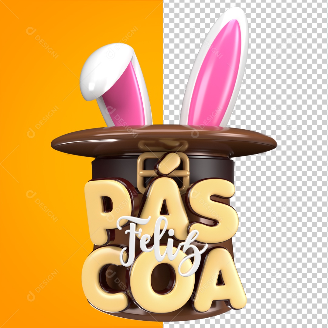Selo 3D Feliz Páscoa Branca Cartola Coelho Para Composição PSD