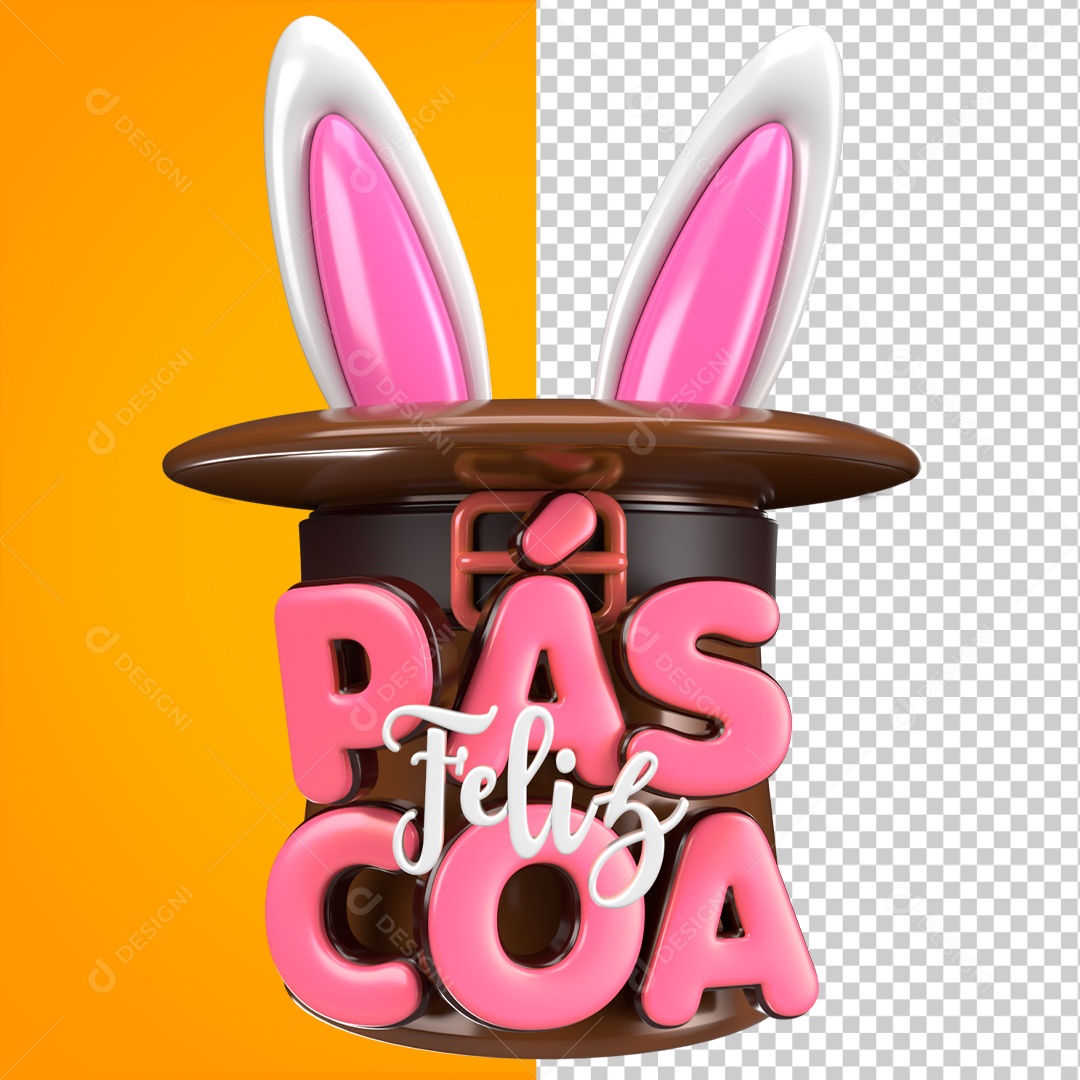 3D Happy Easter Pink Cartola Rabbit Stamp for PSD Composition