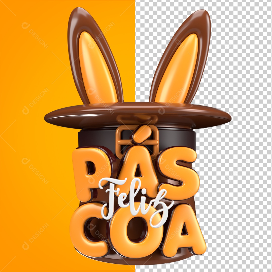 Selo 3D Feliz Páscoa Laranja Cartola Coelho Para Composição PSD