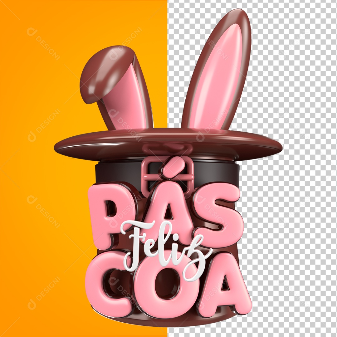 Selo 3D Feliz Páscoa Rosa Cartola Coelho Para Composição PSD