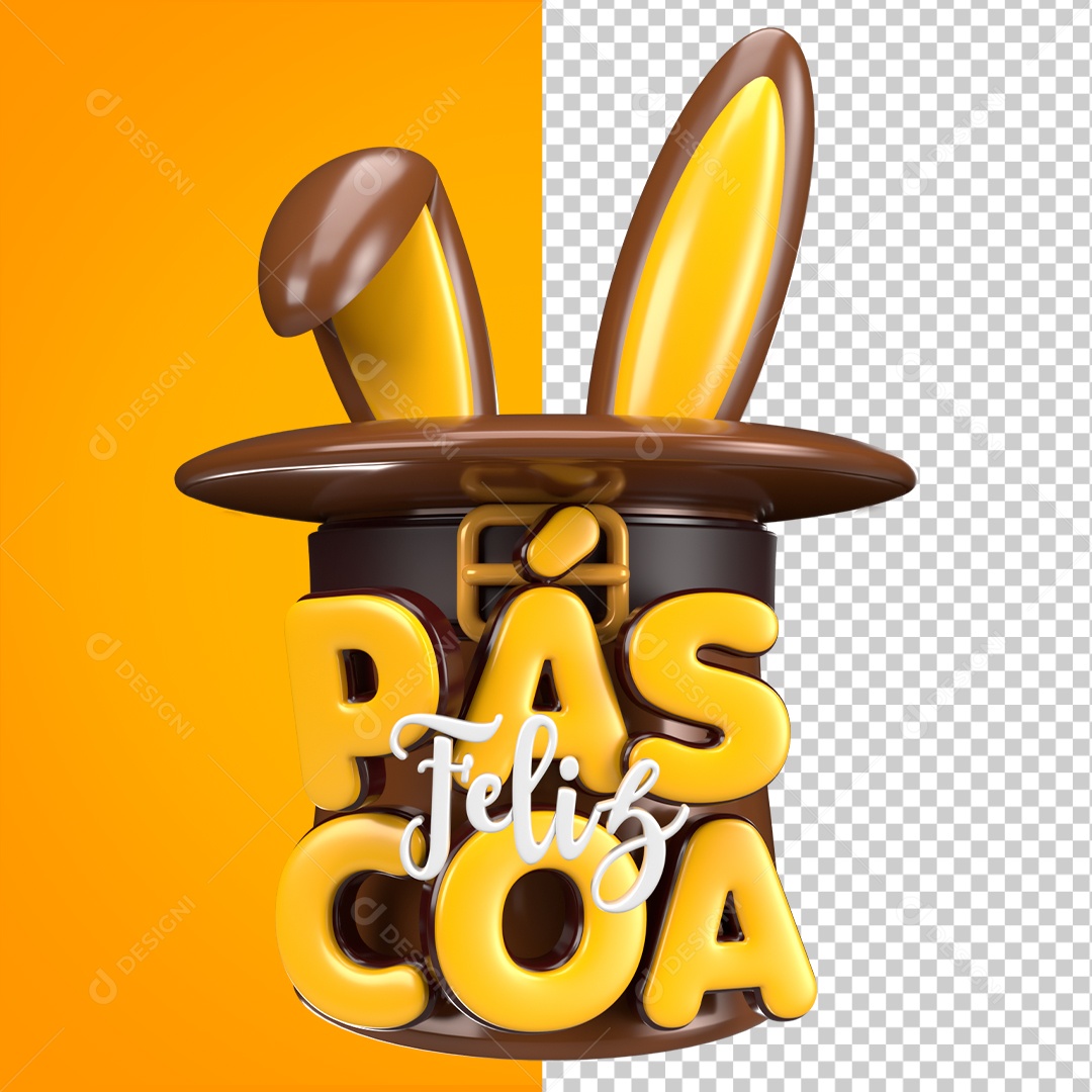 Selo 3D Feliz Páscoa Amarela Cartola Coelho Para Composição PSD
