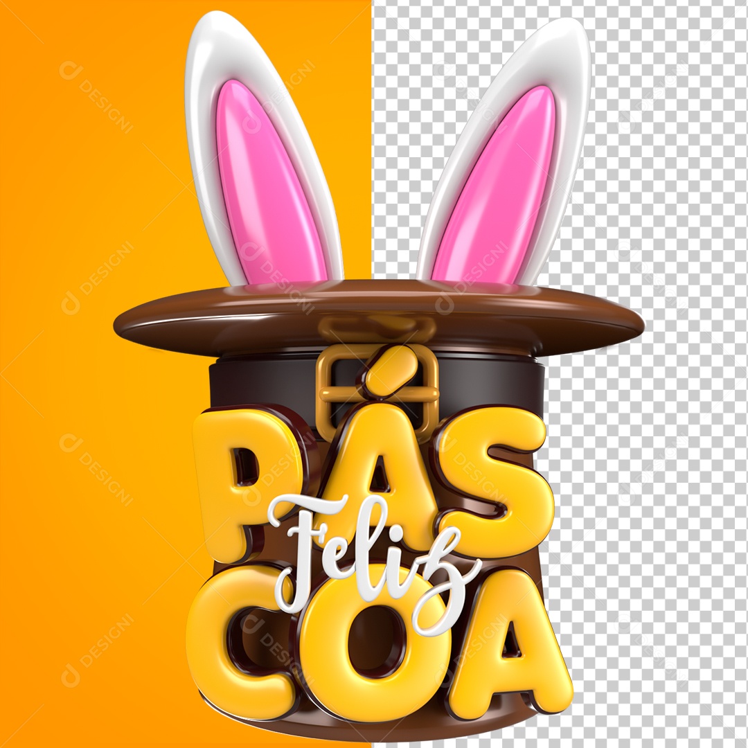 Selo 3D Feliz Páscoa Amarela Cartola Coelho Para Composição PSD