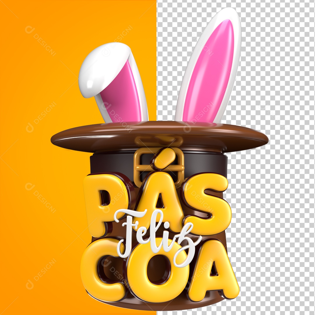 Selo 3D Feliz Páscoa Amarela Cartola Coelho Para Composição PSD