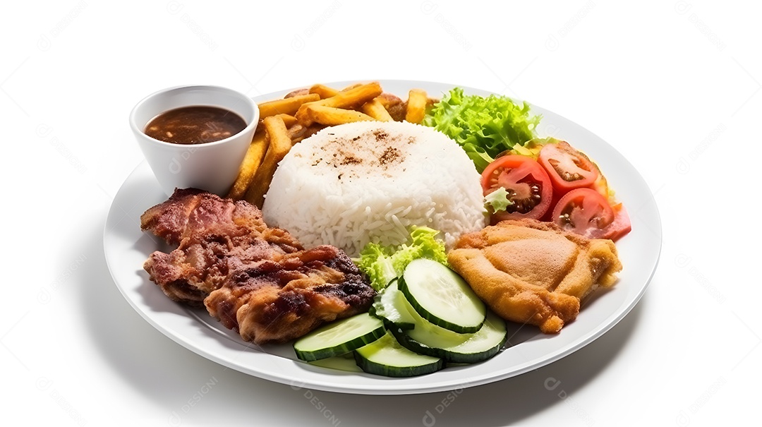 Carne grelhada arroz e salada sobre prato restaurante