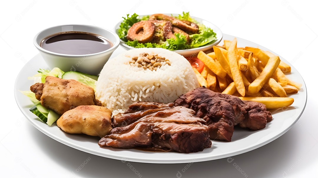 Carne grelhada arroz e salada sobre prato restaurante