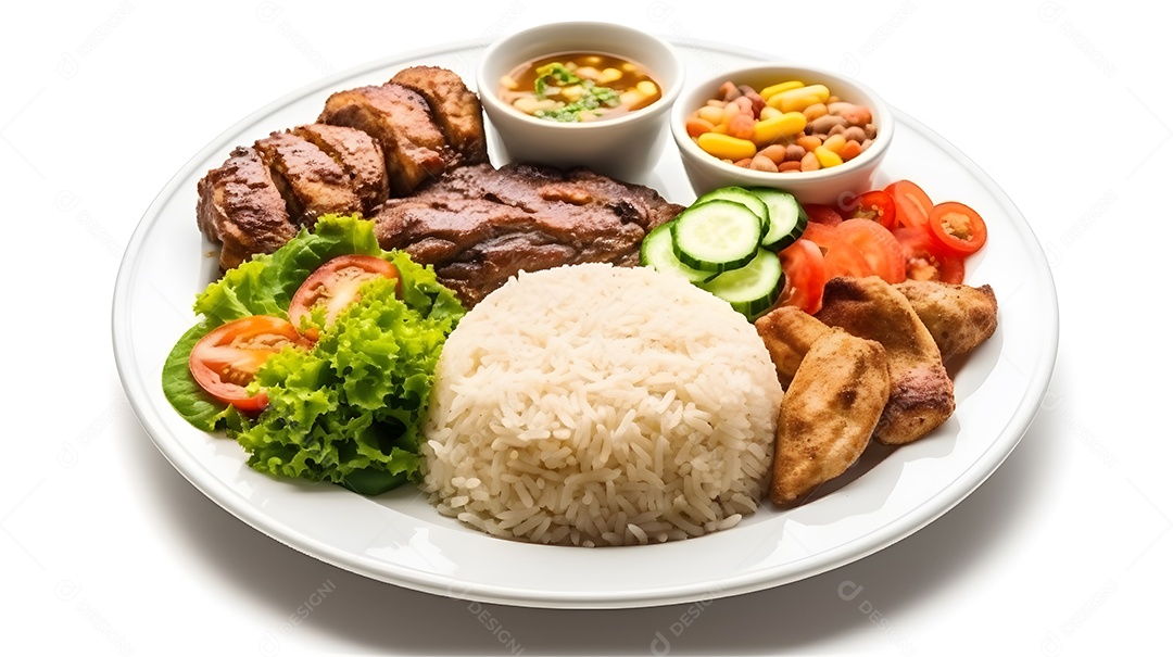 Carne grelhada arroz e salada sobre prato restaurante