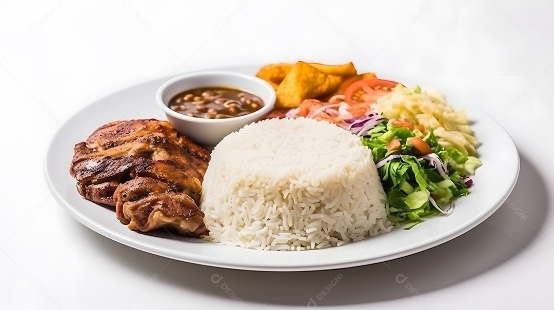 Carne grelhada arroz e salada sobre prato restaurante