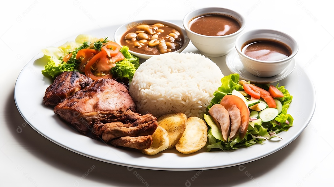 Carne grelhada arroz e salada sobre prato restaurante