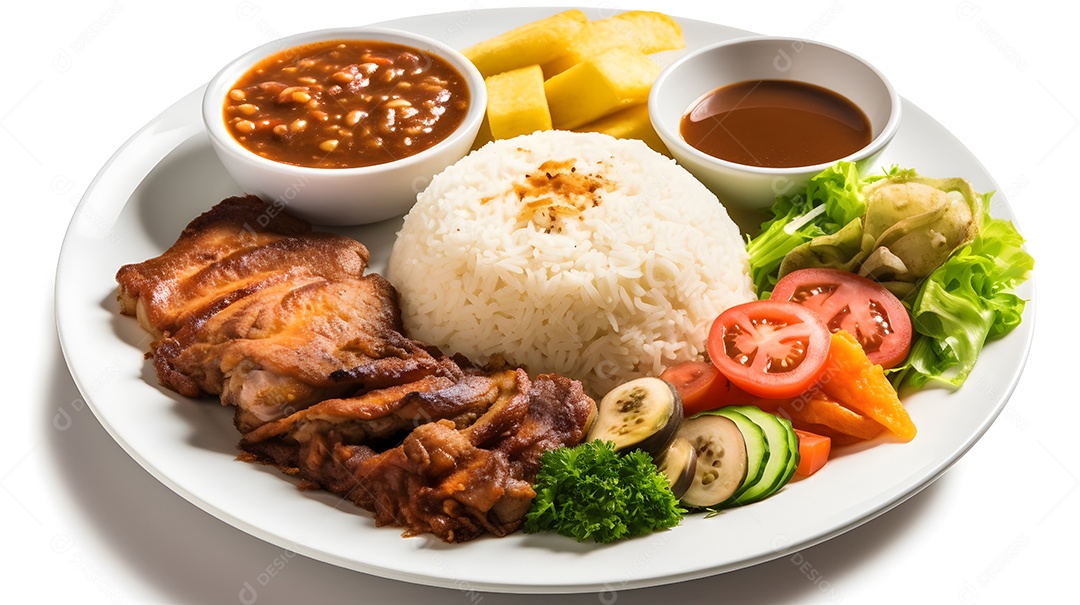 Carne grelhada arroz e salada sobre prato restaurante