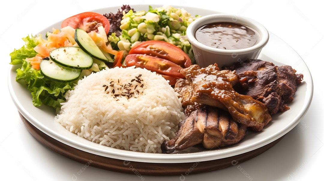 Carne grelhada arroz e salada sobre prato restaurante