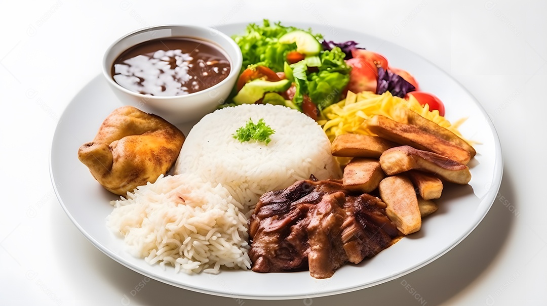 Carne grelhada arroz e salada sobre prato restaurante