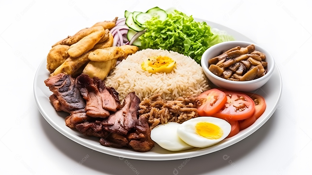 Carne grelhada arroz e salada sobre prato restaurante