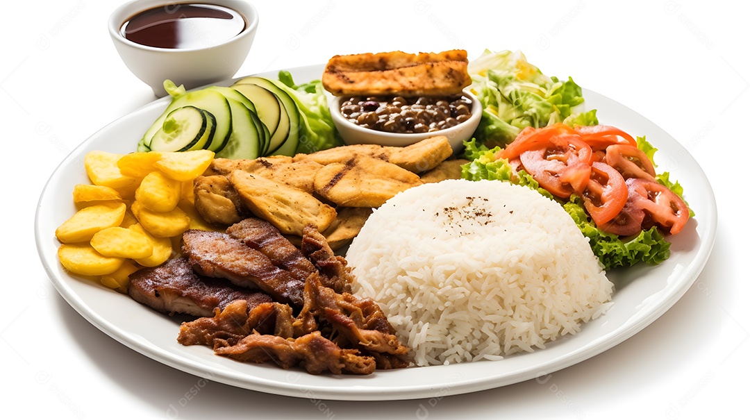 Carne grelhada arroz e salada sobre prato restaurante