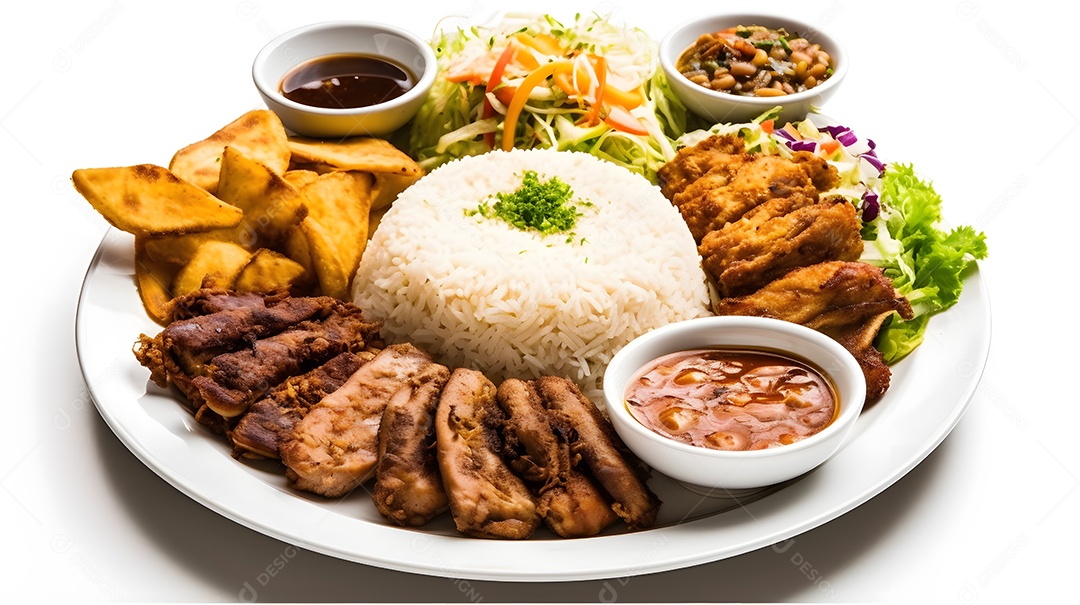 Carne grelhada arroz e salada sobre prato restaurante