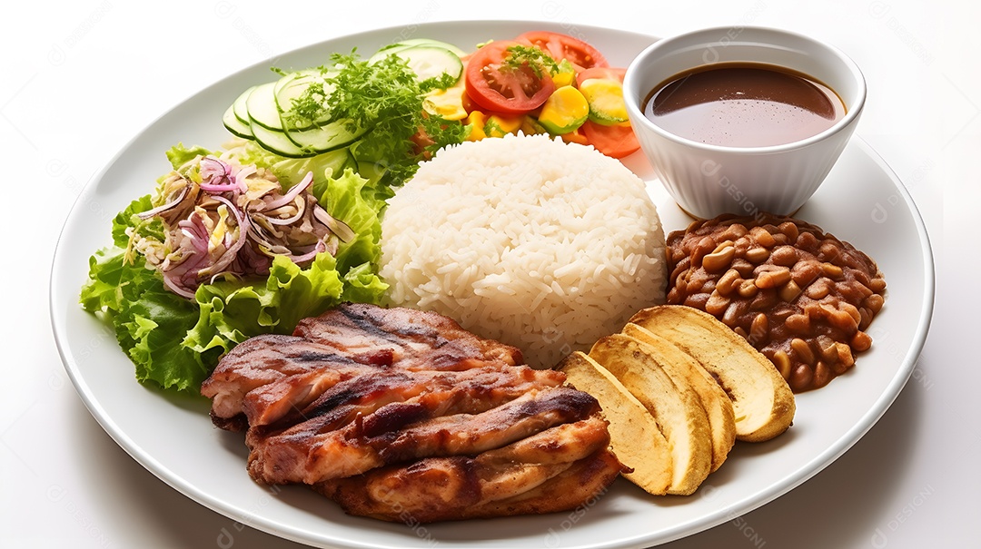 Carne grelhada arroz e salada sobre prato restaurante
