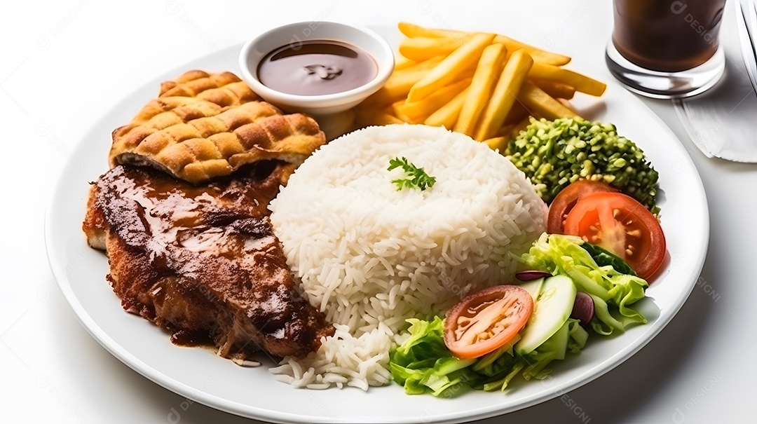 Carne grelhada arroz e salada sobre prato restaurante