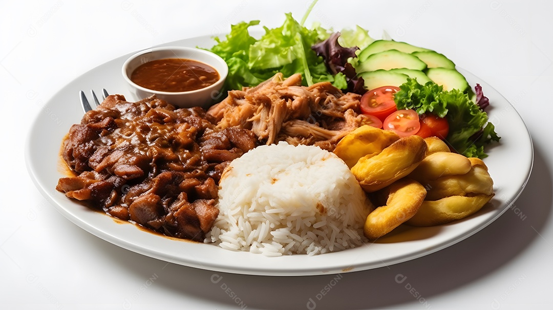 Carne grelhada arroz e salada sobre prato restaurante