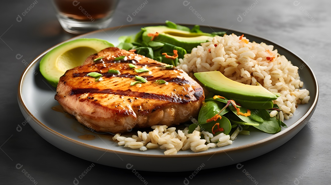 Carne grelhada e arroz sobre prato restaurante