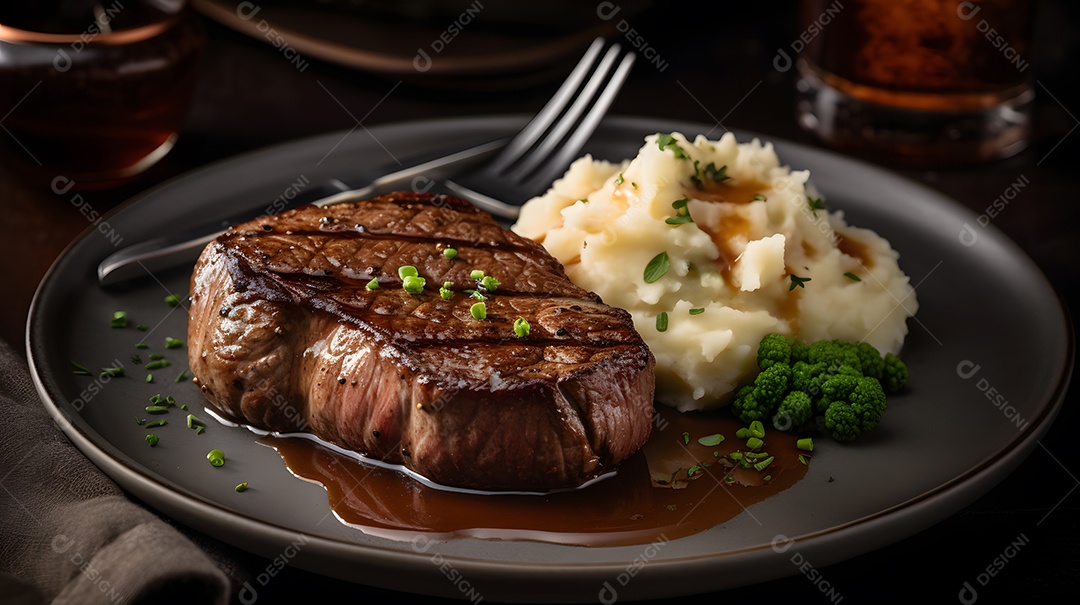 Carne grelhada sobre prato restaurante