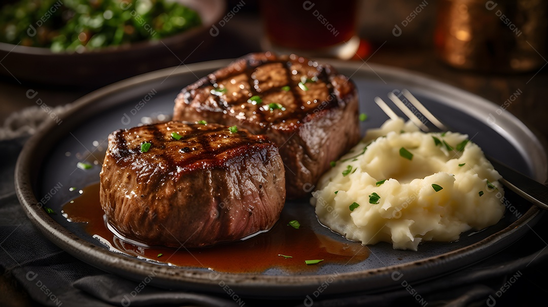 Carne grelhada purê de batata sobre prato restaurante