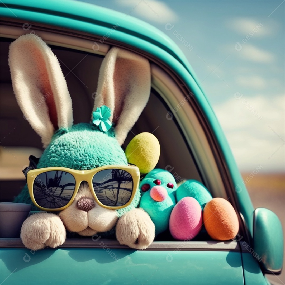 Coelhinho fofo da Páscoa sob um carro