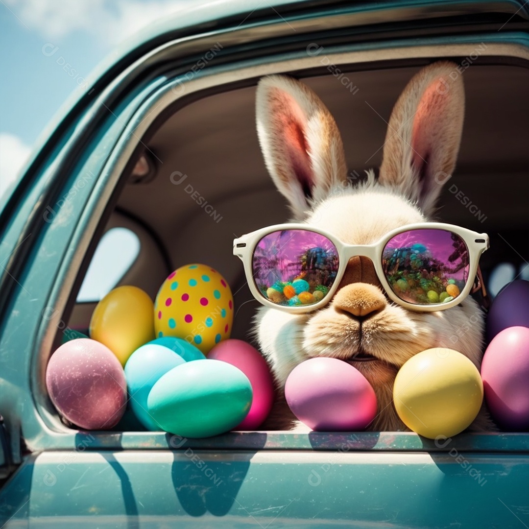 Coelhinho fofo da Páscoa sob um carro