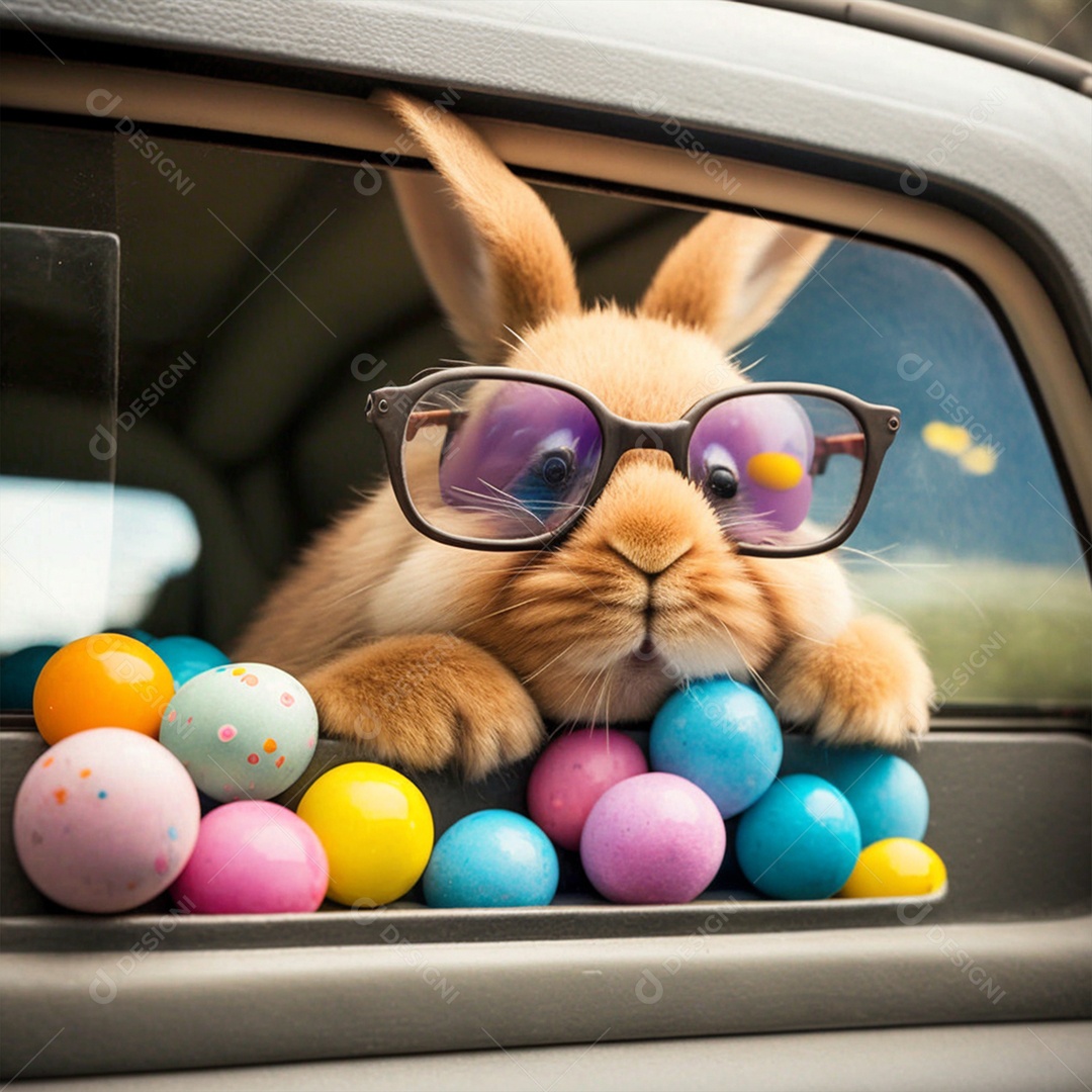 Coelhinho fofo da Páscoa sob um carro