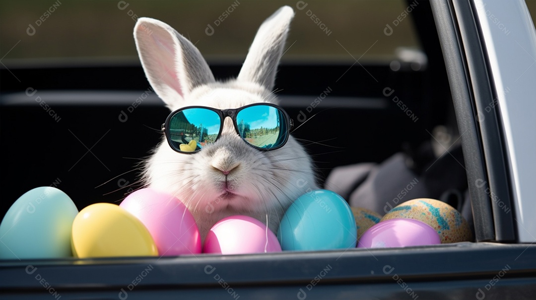 Coelhinho fofo da Páscoa sob um carro