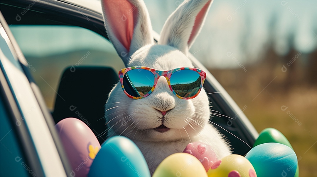 Coelhinho fofo da Páscoa sob um carro
