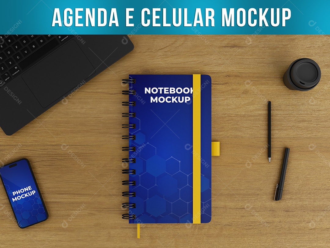 Agenda e Celular Mockup Mesa de Madeira Anotações Dias Internet PSD Editável