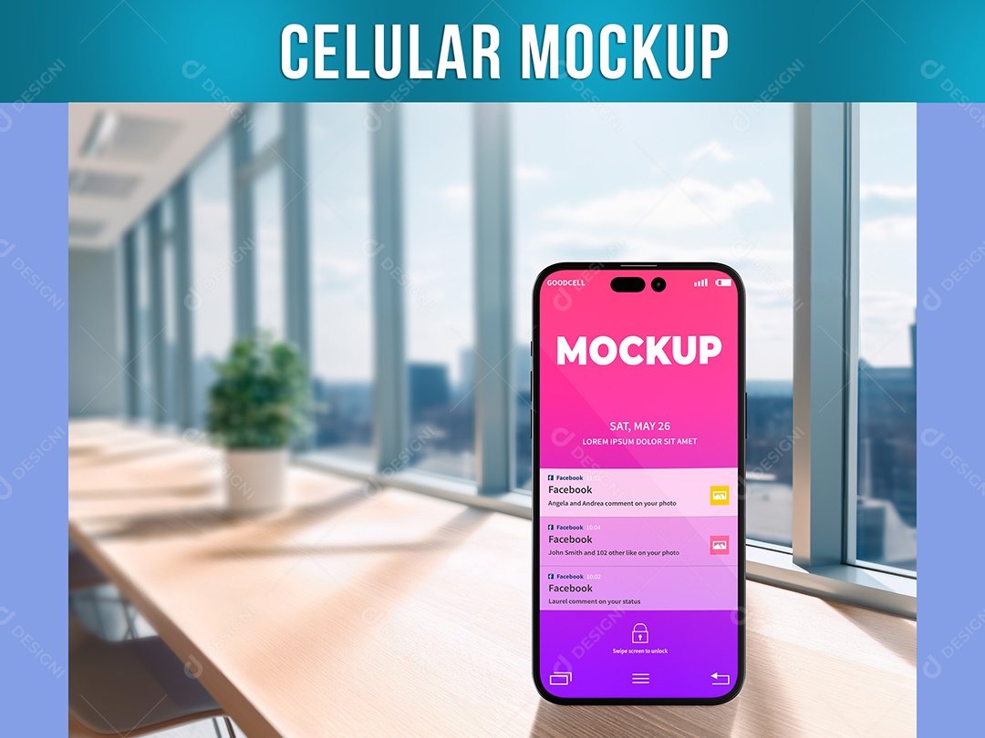 Celular Mockup na Mesa de Trabalho Tecnologia Comunicação PSD Editável